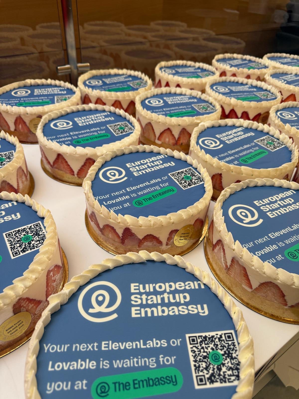 Cakes printed with a QR code for the European Startup Embassy