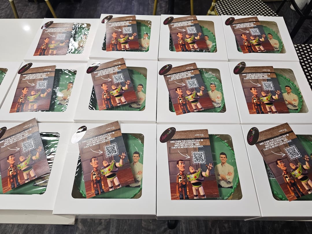 Rows of boxed printed cakes