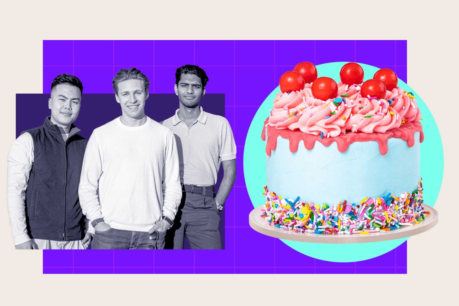 The Daymaker team photographed next to an illustrated cake, from the Gründerszene story