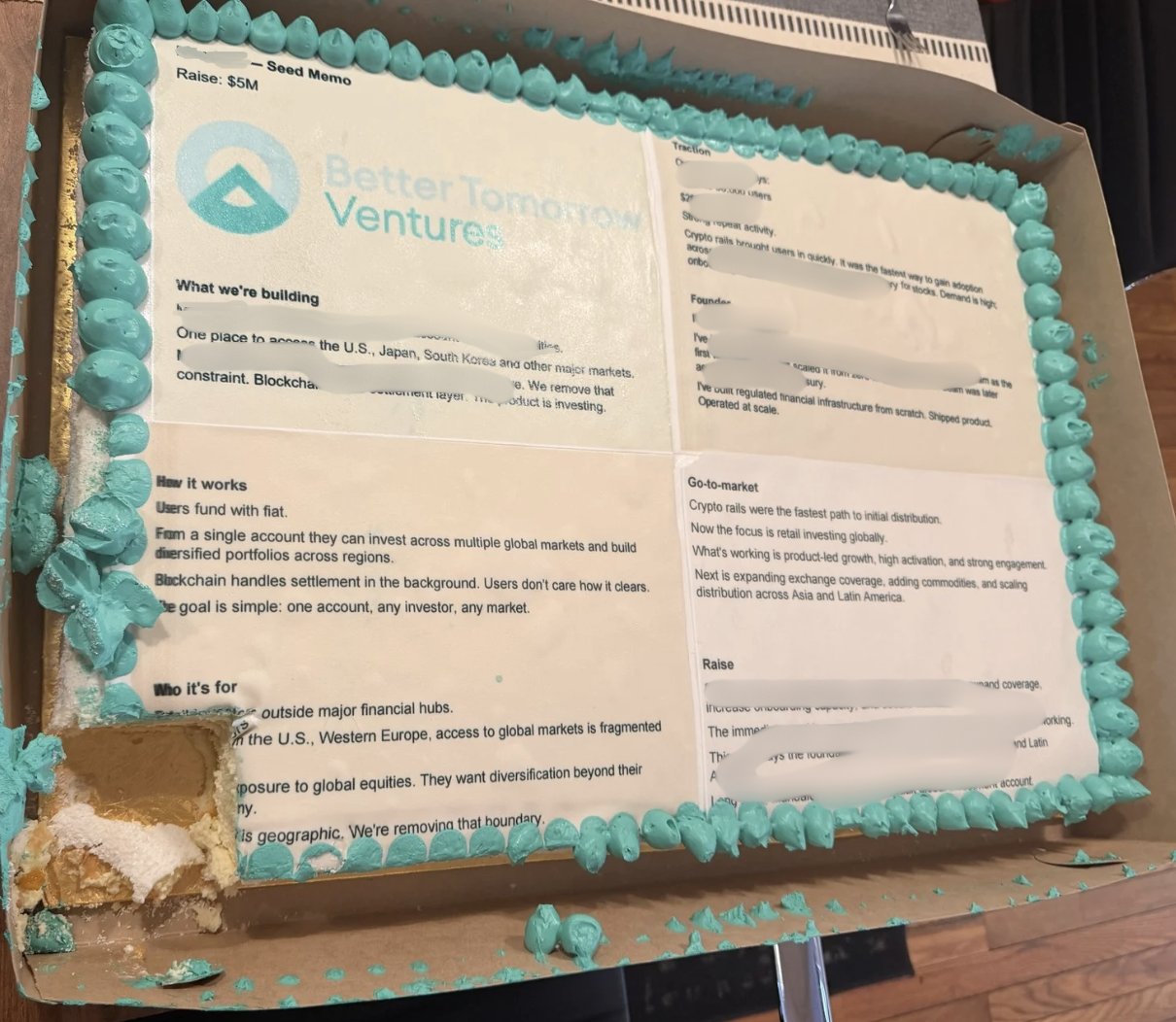 A sheet cake printed with a startup's seed memo, delivered to Better Tomorrow Ventures